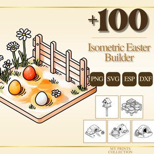 Isometric Easter Builder PNG Bundle – 100+ Cricut & Silhouette Files, SVG, DXF, Eps – Line Art, Stencil, Digital Craft