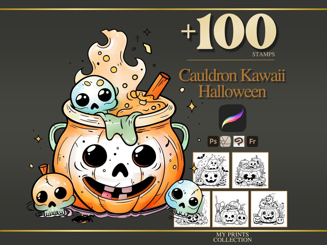 Cauldron Kawaii Halloween Procreate Stamps & Photoshop Brushes – 100 ...