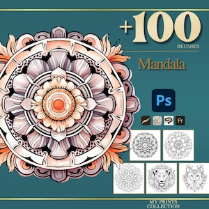 May include: Digital art bundle featuring a detailed mandala design in shades of peach, gray, and white, with the text "+100 BRUSHES Mandala". Includes icons for Photoshop, and other design software. The background is teal.