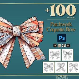 Coquette Bow Patchwork Photoshop Brushes & Procreate Stamps - 100+ Fashion Quilt Texture, Tattoo, Digital Art, Clipart, Line Art, Schablone