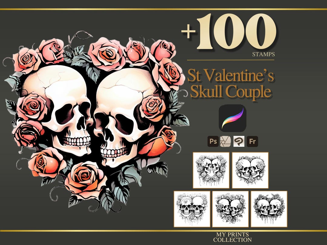St Valentines Skull Couple Procreate Stamps & Photoshop Brushes – 100 ...