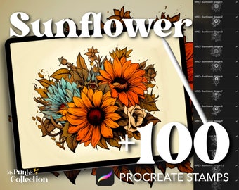 100+ Procreate Sunflower Stamps, Botanical Flower Floral Nature Wildflower Bouquet Tattoo, Digital Download, Digital Art, Procreate Brush