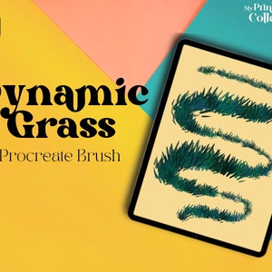 May include: A digital illustration of a green grass brush stroke on a yellow background. The text "Dynamic Grass Procreate Brush" is displayed on the left side of the image.