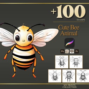 Paquete de sellos y pinceles para Procreate y Photoshop de abejas adorables: más de 100 tatuajes, ilustraciones, dibujos lineales, plantillas y pinceles realistas de animales domésticos.