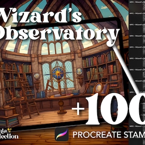 100+ Procreate Zauberer-Sternwarten-Briefmarken, mystische Celestial-Teleskop-bibliothek-Bücher, digitaler Download, digitale Kunst-Versorgung, Procreate-Pinsel