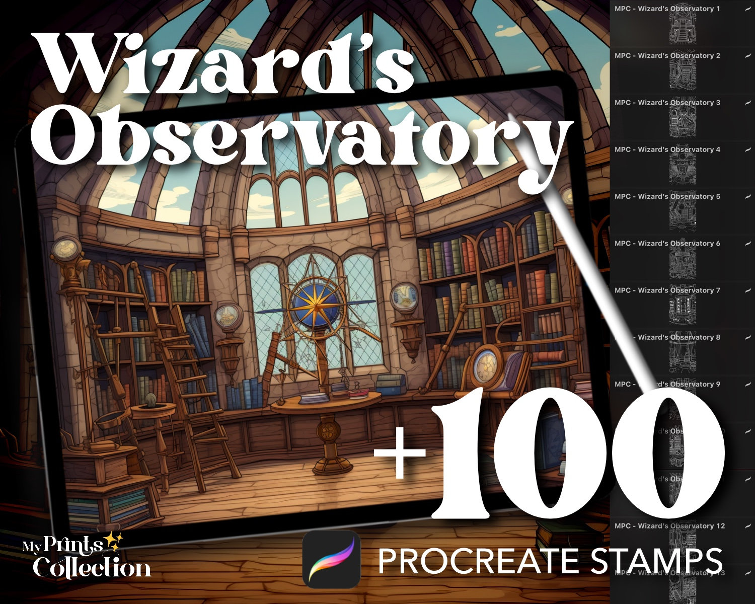 Más de 100 sellos de observatorio mágico para Procreate, libros de biblioteca de telescopios celestiales místicos, descarga digital, material de arte digital, pincel para Procreate