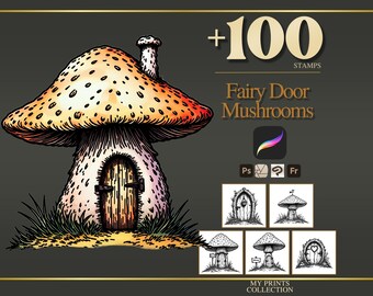 Fairy Door Mushrooms Procreate Stamps, 100+ Mushroom Door Stamp Brush Set, Cottagecore Fairycore Whimsical Line Art Digital Download