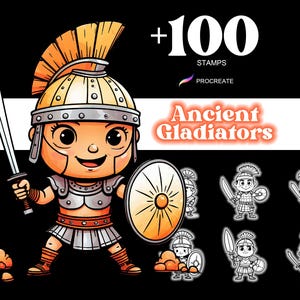 Más de 100 sellos de dibujos animados de guerreros antiguos gladiadores de Procreate, juego de pinceles de fantasía Chibi Kawaii, armadura para iPad, arte lineal sobrenatural digital