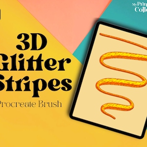 Peut inclure: Une illustration numérique d'une brosse à rayures scintillantes 3D pour Procreate. La brosse est affichée sur l'écran d'une tablette avec un fond jaune. La brosse est de couleur dorée et a un effet 3D.