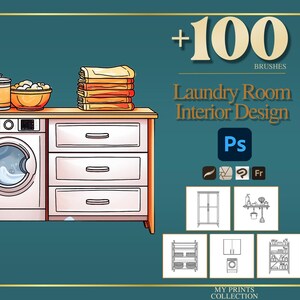 May include: A digital illustration of a laundry room interior design set featuring 100 brushes for Photoshop. The image displays a washing machine integrated into a wooden cabinet with drawers, a stack of towels, and a bowl. Includes icons for software.