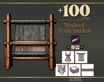 Textile and Knit Medieval Procreate Stamps & Photoshop Brushes – 100+ Woodcut Tattoo, Digital Art, Clipart, Line Art, Brush Pack