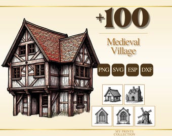 Village Medieval PNG Bundle – 100+ Woodcut Cricut & Silhouette Files, SVG, DXF, Eps – Line Art, Stencil, Digital Craft