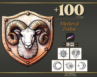 Zodiac Medieval Procreate Stamps & Photoshop Brushes – 100+ Woodcut Tattoo, Digital Art, Clipart, Line Art, Brush Pack