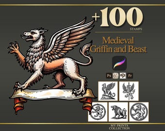 Griffin and Beast Medieval Procreate Stamps & Photoshop Brushes – 100+ Woodcut Tattoo, Digital Art, Clipart, Line Art, Brush Pack