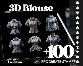 3D Blouse Dual Color Procreate Stamp Brushes - 100+ Briefmarken Brushset für iPad, digitale 3D-Form- und Illustrationsstempel