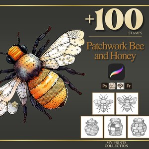 Op de afbeelding: Digitale illustratie van een bij met patchwork vleugels en lichaamssegmenten. De afbeelding bevat de tekst "Patchwork Bee and Honey" en "+100 STAMPS". Er zijn ook pictogrammen en voorbeelden van bijen- en honingpotillustraties aanwezig.