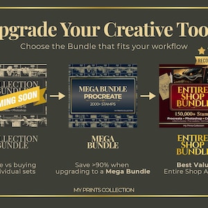 Peut inclure: Publicit&eacute; pour des packs d'outils cr&eacute;atifs. L'image pr&eacute;sente trois packs : Collection Bundle (&agrave; venir), Mega Bundle Procreate avec 2000+ tampons et Entire Shop Bundle avec 150 000+ tampons. Le pack Entire Shop Bundle est recommand&eacute;.