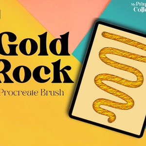 May include: A digital illustration of a gold textured brush stroke on a beige background. The brush stroke is in the shape of a squiggly line. The image is displayed on a tablet screen with the text "Gold Rock Procreate Brush" on a yellow background.