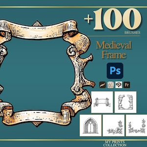 Peut inclure: Illustration d'un cadre médiéval avec un design de bannière, sur fond bleu-vert. Le cadre est beige et marron. Le texte "+100 BRUSHES Medieval Frame Ps" est visible. Éléments de design supplémentaires en dessous.