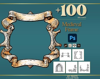 Frame Medieval Photoshop Brushes & Procreate Stamps – 100+ Woodcut Tattoo, Digital Art, Clipart, Line Art, Stencil