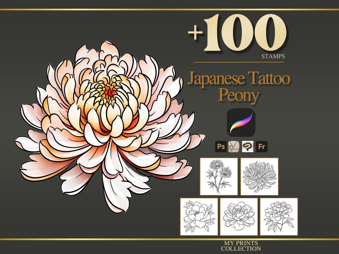 Peony Japanese Tattoo Procreate Stamps & Photoshop Brushes – 100 ...