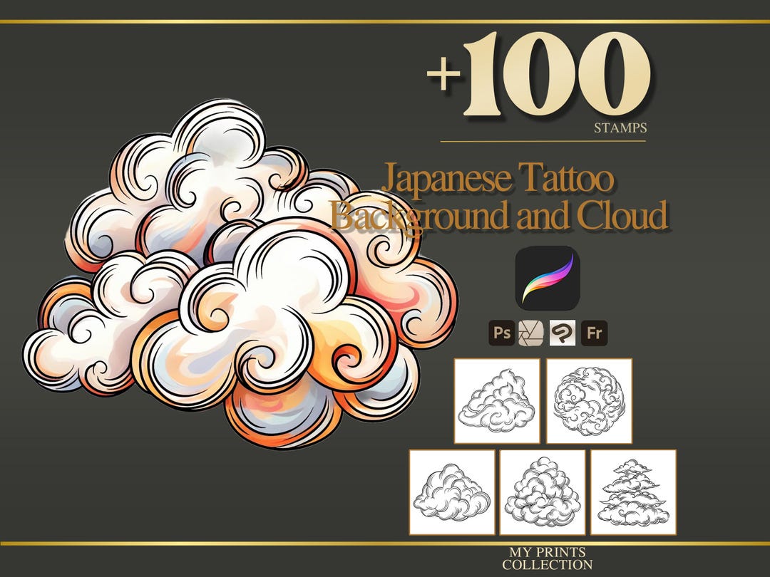 Background and Cloud Japanese Tattoo Procreate Stamps & Photoshop ...