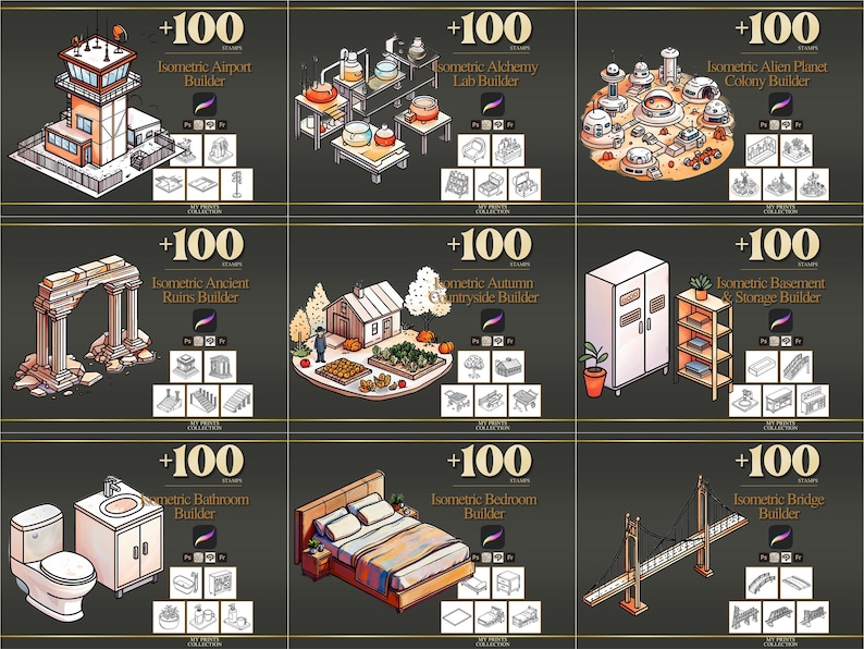 Isometric Builder Procreate Stamps & Photoshop Brushes Collection ...