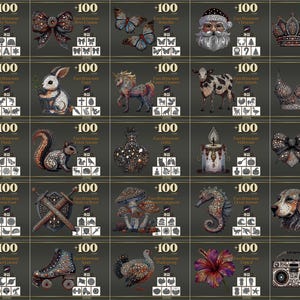 Peut inclure: Une grille de motifs illustr&eacute;s, dont une poussette, un n&oelig;ud, des papillons, le P&egrave;re No&euml;l, une couronne, un dinosaure, un lapin, une licorne, une vache, un soutien-gorge, une rose, un &eacute;cureuil, un flacon de parfum, une bougie, un n&oelig;ud, un avocat, des &eacute;p&eacute;es crois&eacute;es, des champignons, un hippocampe, un chien, une fus&eacute;e, un patin &agrave; roulettes, une dinde, un hibiscus et un boombox.