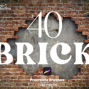 Może przedstawiać: Ceglany mur z dziurą, która odsłania szarą powierzchnię z tyłu. Tekst "40 BRICK Procreate Brushes Color Palette" jest napisany na szarej powierzchni białym kolorem.