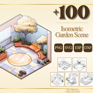 May include: Isometric garden scene illustration with a modern design. The image features a circular seating area, trees, and a window. The text reads "+100 Isometric Garden Scene" with file type icons: PNG, SVG, ESP, and DXXF. Additional scene examples are shown.