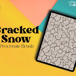 May include: A digital illustration of a cracked snow texture on a tablet screen. The tablet is on a yellow, pink, and blue background. The text "Cracked Snow Procreate Brush" is on the yellow background.