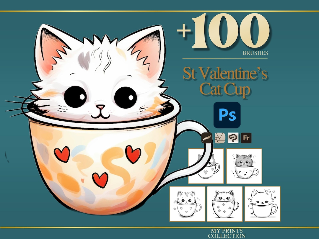 St Valentines Cat Cup Photoshop Brushes & Procreate Stamps – 100 ...