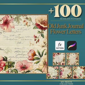 May include: Digital artwork with a vintage floral design on a cream background with handwritten script. The image displays pink, red, and cream flowers with green leaves. Text includes "Old Junk Journal Flower Letters" and "+100 Seamless Patterns".