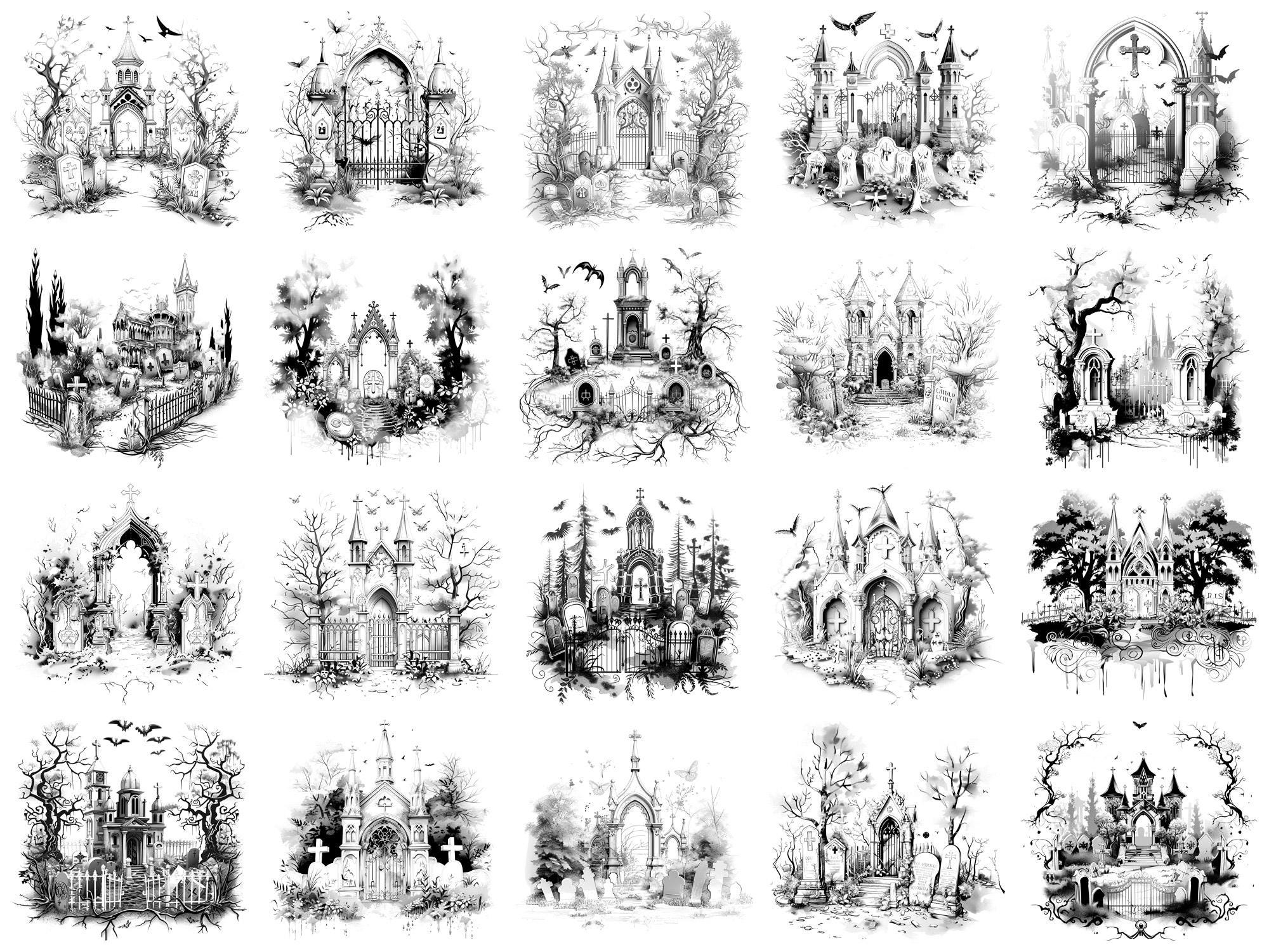 Cemetery Gothic Halloween Procreate Stamps & Photoshop Brushes – 100 ...