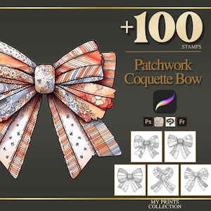 Könnte beinhalten: Digitale Illustration einer Patchwork-Coquette-Schleife mit Mustern in Orange, Weiß und Blau. Das Bild enthält den Text "+100 STAMPS" und "Patchwork Coquette Bow". Zusätzliche Schleifendesigns sind unten abgebildet.