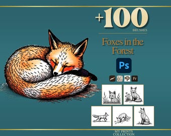 Foxes in the Forest Photoshop Brushes & Procreate Stamps, 100+ Forest Fox Animal Stamps, Cottagecore Woodland Digital Download