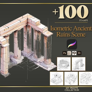 Könnte beinhalten: Digitale Stempel einer isometrischen antiken Ruinen-Szene. Das Bild zeigt eine detaillierte Illustration einer klassischen Ruine mit Säulen und einem Dach. Der Text lautet "+100 Stamps" und "Isometric Ancient Ruins Scene".