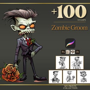 Sellos y pinceles de Photoshop para Halloween de novio zombi: más de 100 diseños para tatuajes, dibujos, arte digital, imágenes prediseñadas, arte lineal y pinceles.