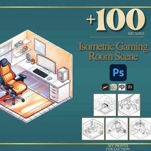 May include: Isometric gaming room scene illustration with a computer desk, orange and black gaming chair, and a computer. The image includes the text "+100 Brushes" and "Isometric Gaming Room Scene" with the Photoshop logo.