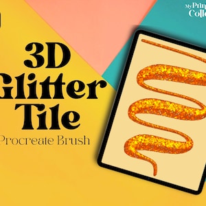 May include: A digital illustration of a gold glitter brush stroke on a beige background. The brush stroke is in the shape of a wavy line. The text "3D Glitter Tile Procreate Brush" is displayed on a yellow background.