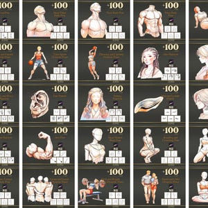 Peut inclure: Une collection d'illustrations pr&eacute;sentant diverses poses de corps et traits du visage. Chaque image est &eacute;tiquet&eacute;e avec un num&eacute;ro et un titre descriptif, comme "Pose du pied" ou "Pose du corps t&ecirc;te inclin&eacute;e". Les images sont dispos&eacute;es en grille.