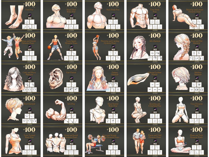 Peut inclure: Une collection d'illustrations pr&eacute;sentant diverses poses de corps et traits du visage. Chaque image est &eacute;tiquet&eacute;e avec un num&eacute;ro et un titre descriptif, comme "Pose du pied" ou "Pose du corps t&ecirc;te inclin&eacute;e". Les images sont dispos&eacute;es en grille.