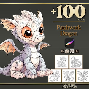 Könnte beinhalten: Eine Illustration eines Patchwork-Drachen mit großen orangefarbenen Augen und detaillierten Nähten. Das Bild enthält den Text "+100 STAMPS" und "Patchwork Dragon" sowie Beispieldrachendesigns und Software-Icons.