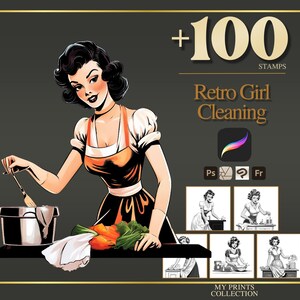 Retro Girl Reinigung Procreate Stempel & Photoshop Pinsel - 100+ Menschen Karriere Tattoo, Illustration, Line Art, Schablone, Pinselpaket