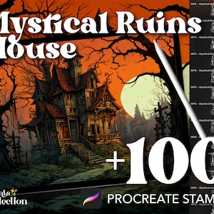 100+ Procreate Mystical Ruins House Stamps, Haunted Halloween Spooky Terror Ancient Tree Illustration, Digital Art Supplies, Procreate Brush