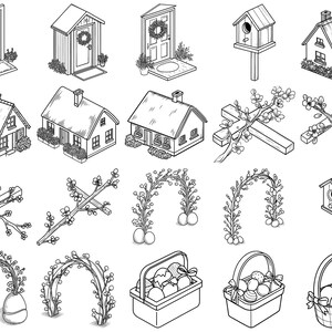 May include: Black and white line art illustrations of various Easter and spring-themed objects. The image includes houses, doors, birdhouses, floral arches, crosses, and baskets filled with eggs.