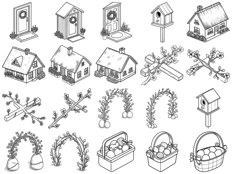 May include: Black and white line art illustrations of various Easter and spring-themed objects. The image includes houses, doors, birdhouses, floral arches, crosses, and baskets filled with eggs.
