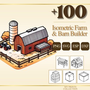 Op de afbeelding: Illustratie van een isometrische boerderij met een rode schuur, silo en tractor. De tekst "+100 Isometric Farm & Barn Builder" en bestandstype-pictogrammen voor PNG, SVG, ESP en DXF zijn inbegrepen.