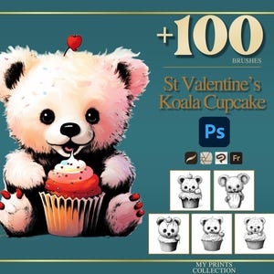 Pode incluir: Ilustração de um coala segurando um cupcake com um coração em cima. O urso é branco e rosa com detalhes em preto. O cupcake tem cobertura vermelha e um redemoinho branco. O texto diz "St Valentine's Koala Cupcake" e "+100 Brushes".