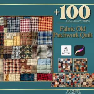 Peut inclure: Une courtepointe patchwork avec divers motifs de tissu dans les tons de marron, rouge, bleu et jaune. L'image comprend le texte "+100 SEAMLESS PATTERNS" et "Fabric Old Patchwork Quilt."